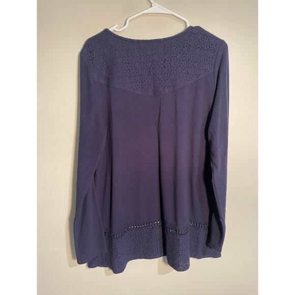 Soft Surroundings Navy Blue Eyelet Lace Detail Long Sleeve Top Size XL - Picture 6 of 9